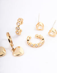 Gold Plated Brass Cubic Zirconia Heart Huggie & Cuff Earrings Pack - link has visual effect only