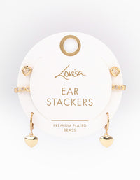 Gold Plated Brass Cubic Zirconia Heart Huggie & Cuff Earrings Pack - link has visual effect only