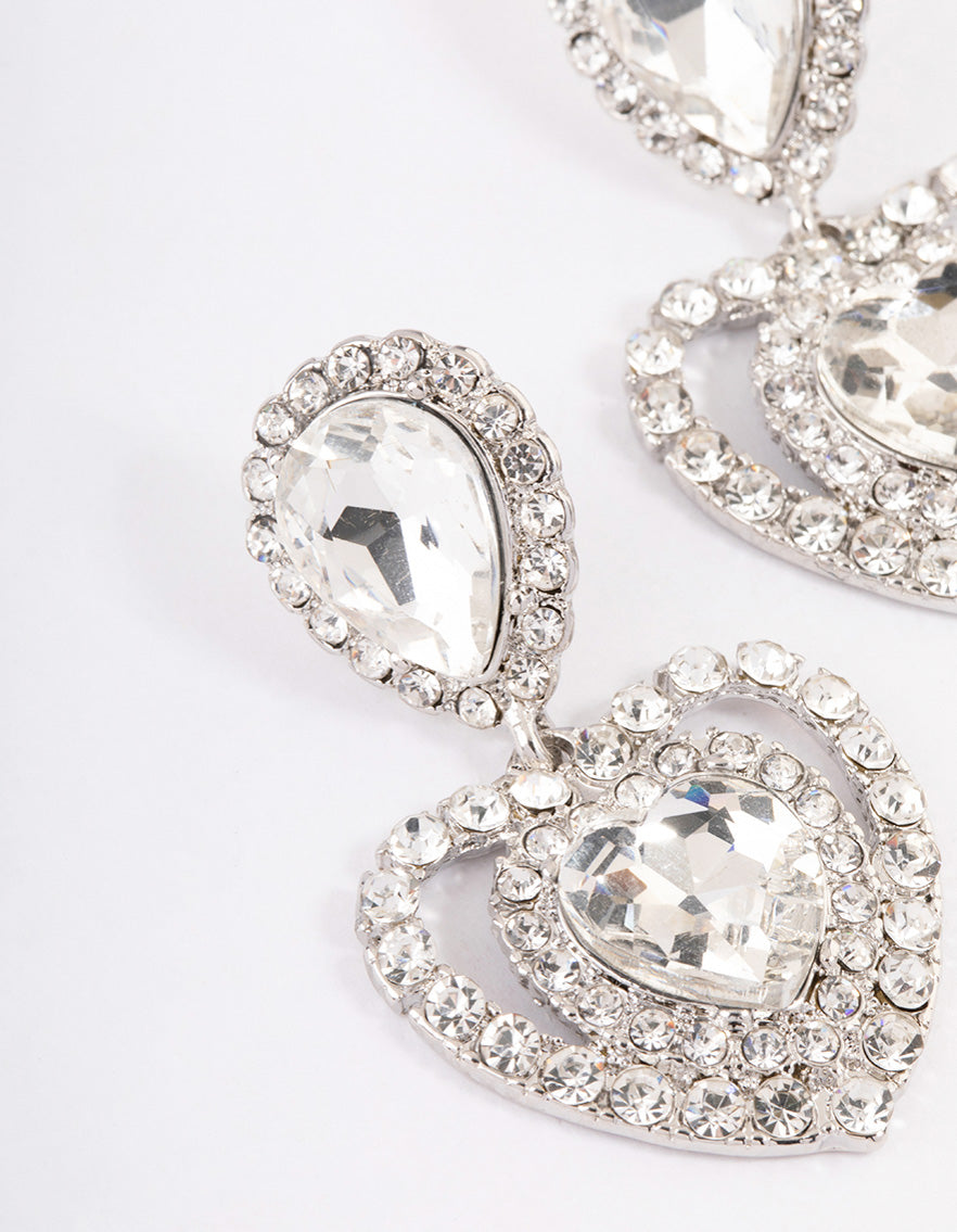 Silver Pear Stone Heart Drop Earrings
