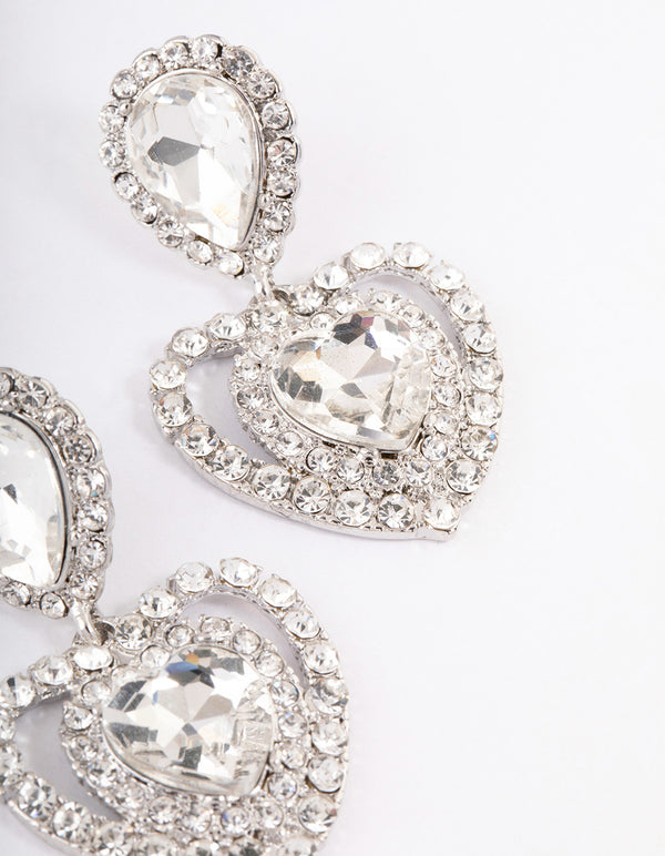 Silver Pear Stone Heart Drop Earrings