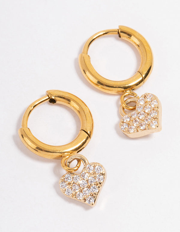 Gold Plated Surgical Steel Cubic Zirconia Floated Heart Huggie Earrings