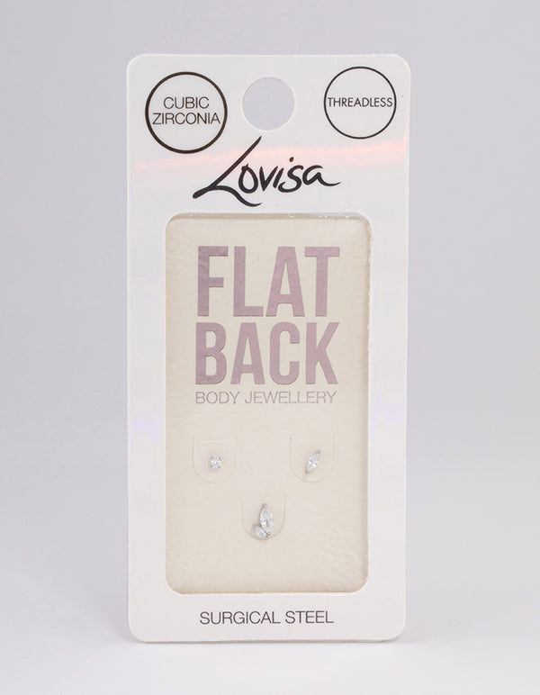 Surgical Steel Cubic Zirconia Leaf  Threadless Flat Back Studs Pack