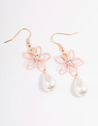 Pink Wire Flower Pearl Drop Earrings - link has visual effect only