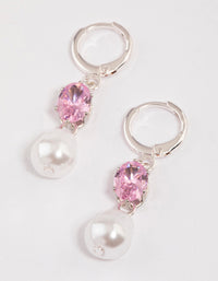 Pink Stone & Pearl Huggie Drop Earrings - link has visual effect only