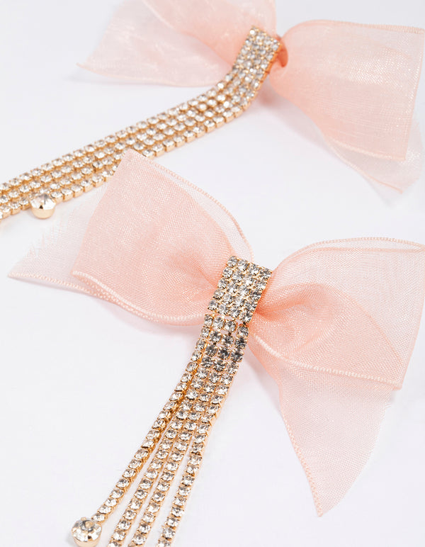 Gold Fabric Bow Diamante Drop Earrings