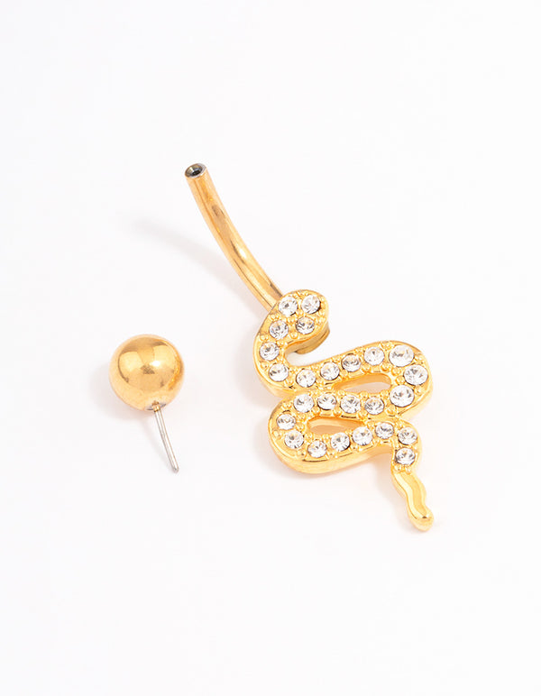 Gold Plated Surgical Steel Cubic Zirconia Serpent Threadless Belly Bar