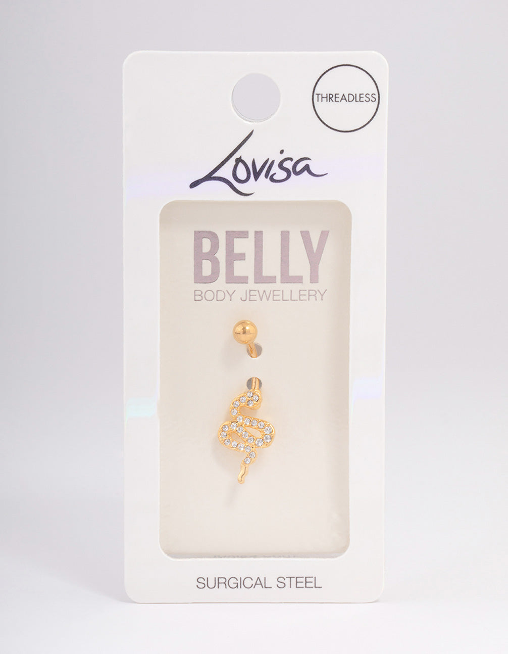 Gold Plated Surgical Steel Cubic Zirconia Serpent Threadless Belly Bar
