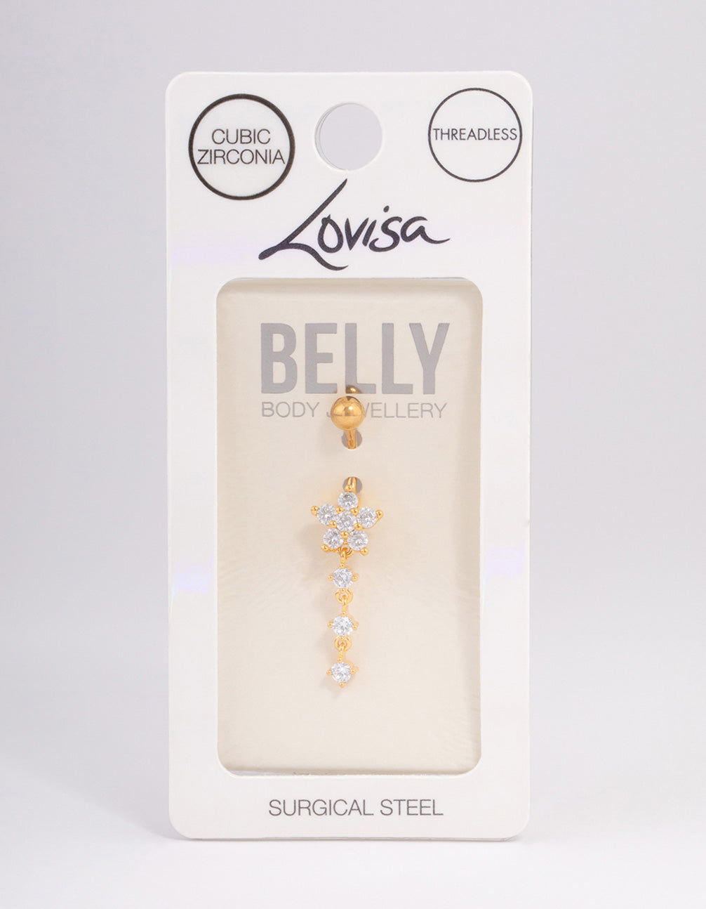 Gold Plated Surgical Steel Cubic Zirconia Trio & Flower Threadless Belly Bar