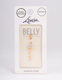 Gold Plated Surgical Steel Cubic Zirconia Trio & Flower Threadless Belly Bar - link has visual effect only