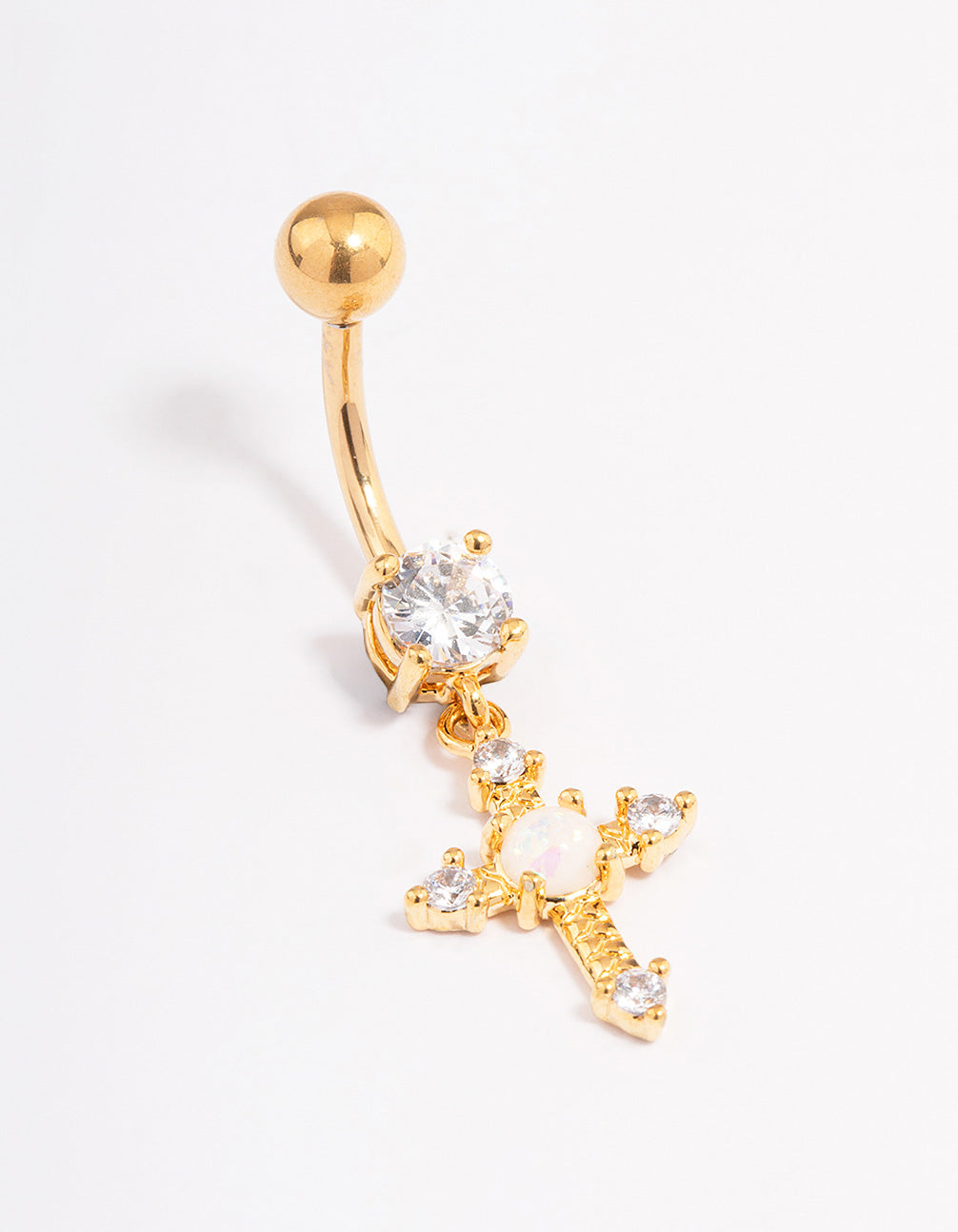 Gold Plated Surgical Steel Cubic Zirconia Opal Cross Threadless  Belly Bar