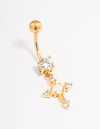 Gold Plated Surgical Steel Cubic Zirconia Opal Cross Threadless  Belly Bar - link has visual effect only
