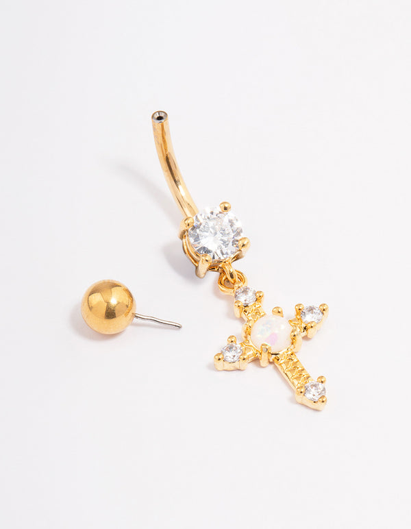 Gold Plated Surgical Steel Cubic Zirconia Opal Cross Threadless  Belly Bar