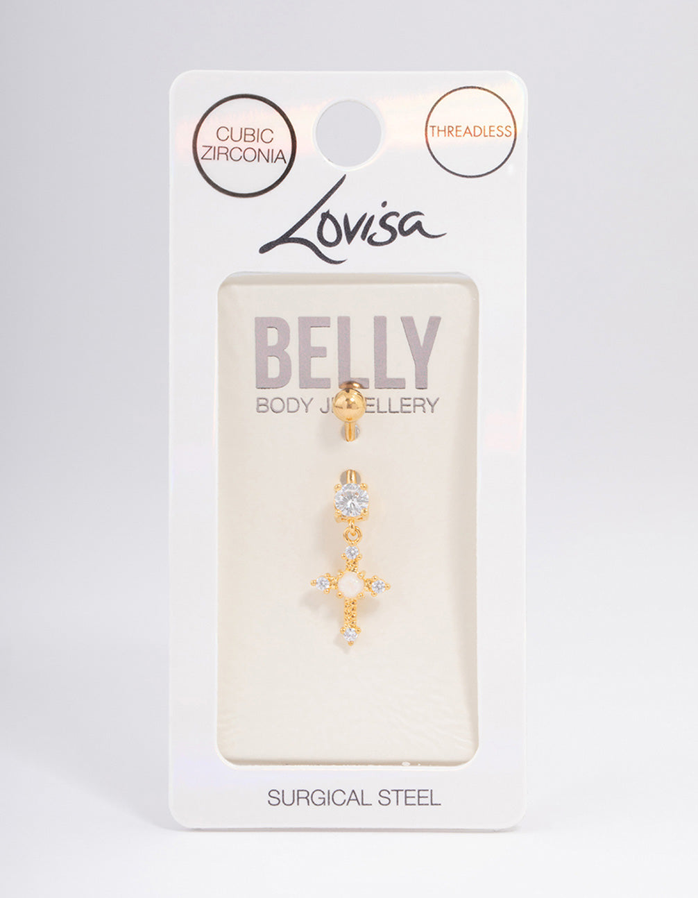 Gold Plated Surgical Steel Cubic Zirconia Opal Cross Threadless  Belly Bar