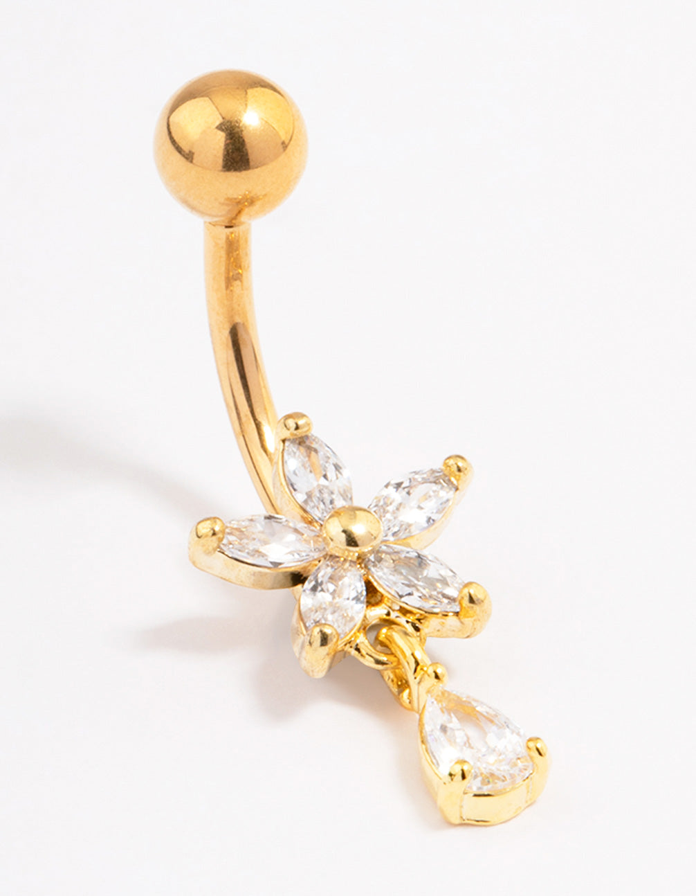 Gold Plated Surgical Steel Cubic Zirconia Flower Pear Threadless  Belly Bar