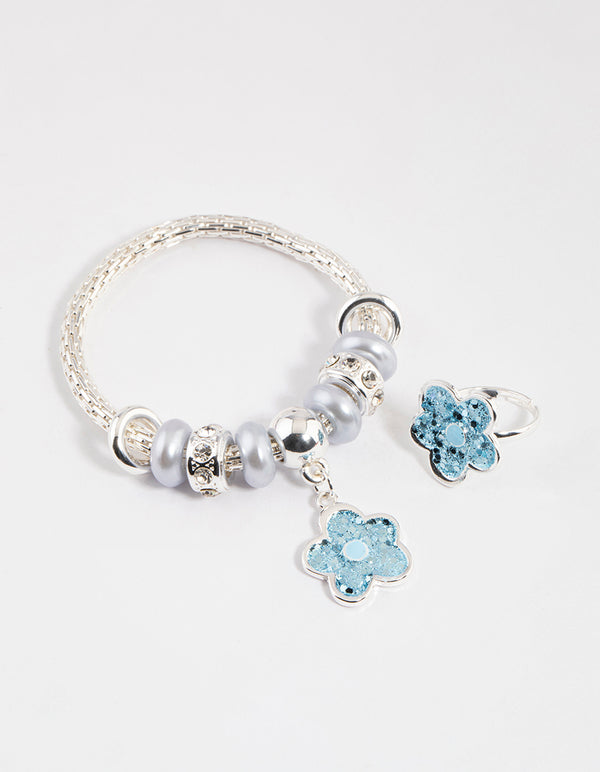 Kids Stretch Glitter Flower Bracelet & Ring Set