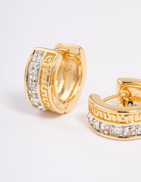 Gold Plated Square Diamante Aztec Hoop Earrings