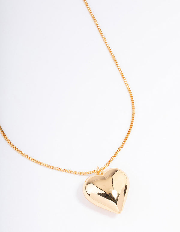 Gold Plated Long Large Puffy Heart Necklace