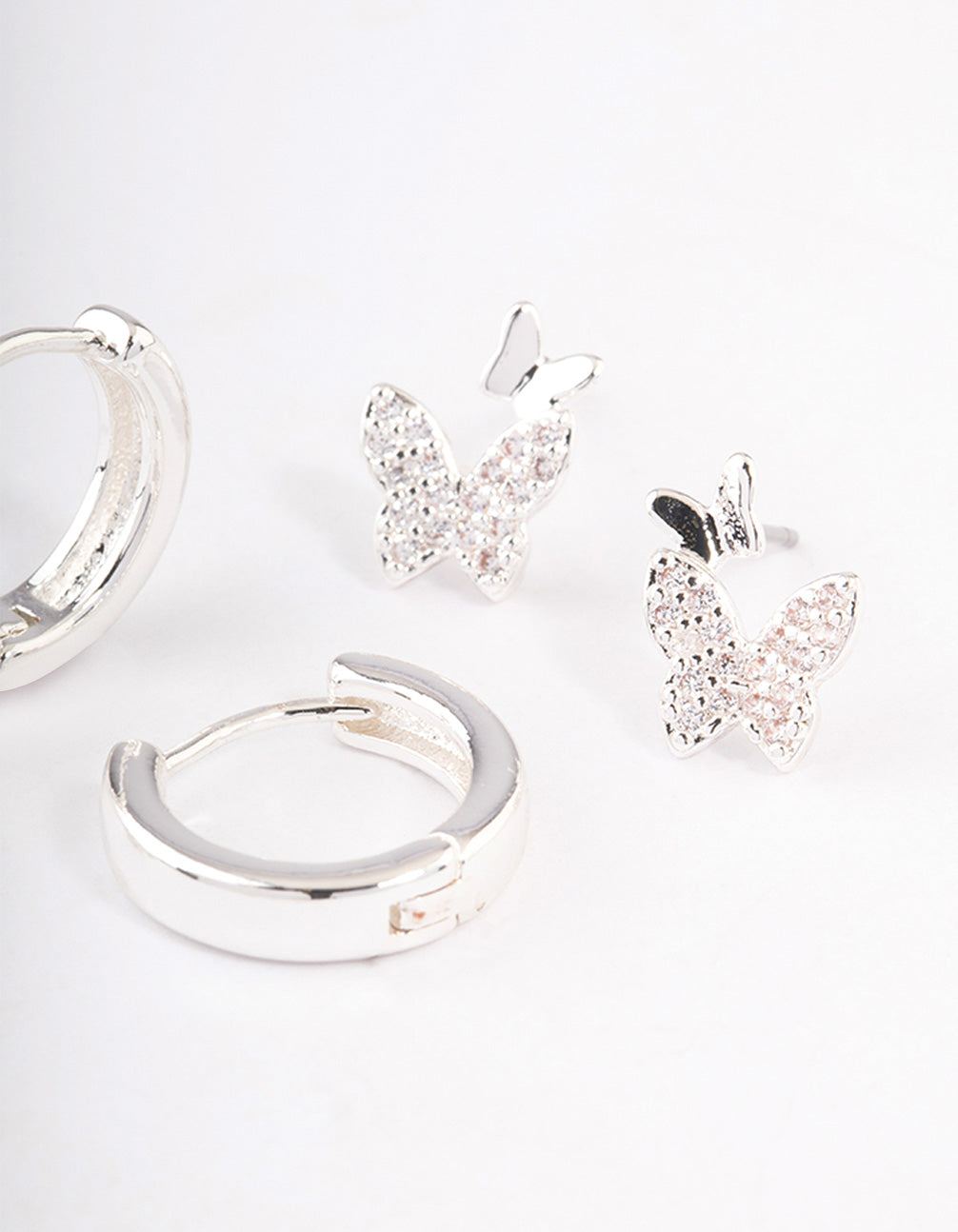 Silver Plated Brass  Cubic Zirconia Double Butterfly Earring Pack