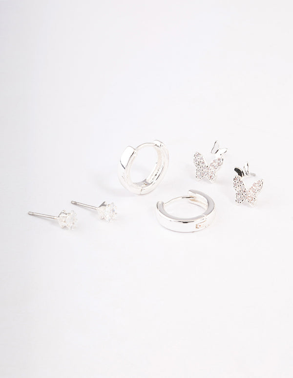 Silver Plated Brass  Cubic Zirconia Double Butterfly Earring Pack