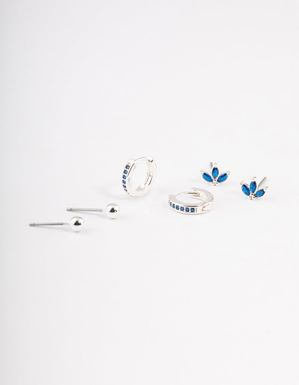 Silver Plated Brass  Cubic Zirconia Marquise Stud & Huggie Earrings Pack