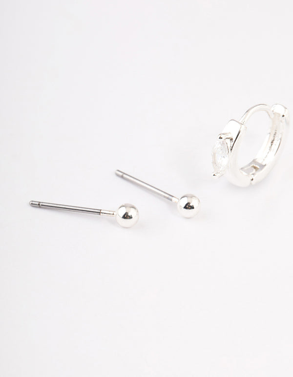 Silver Plated Brass  Cubic Zirconia Statement Huggie Earrings Pack