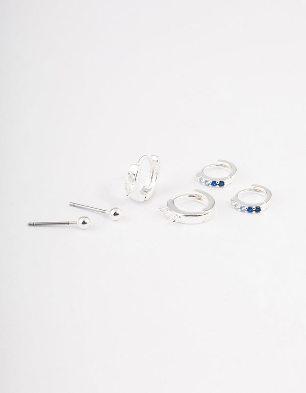 Silver Plated Brass  Cubic Zirconia Statement Huggie Earrings Pack