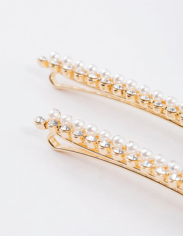 Gold Pearl & Diamante Hair Clip Pack