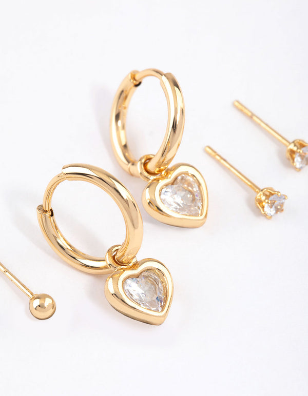 Gold Plated Surgical Steel Chubby Heart & Stud Earrings Pack