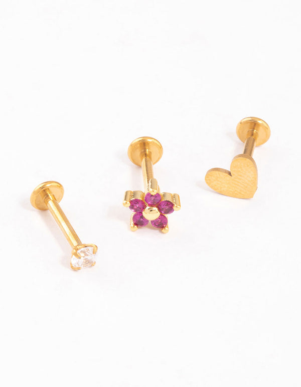 Gold Plated Surgical Steel Love Heart Bezel Flat Back Pack