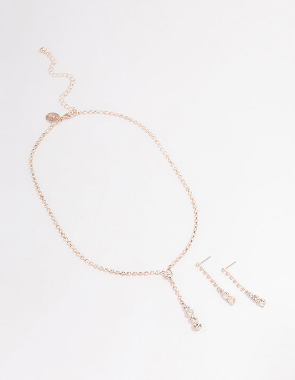 Rose Gold Cup Chain Diamante Y-Shape Necklace & Drop Earrings Jewellery Set