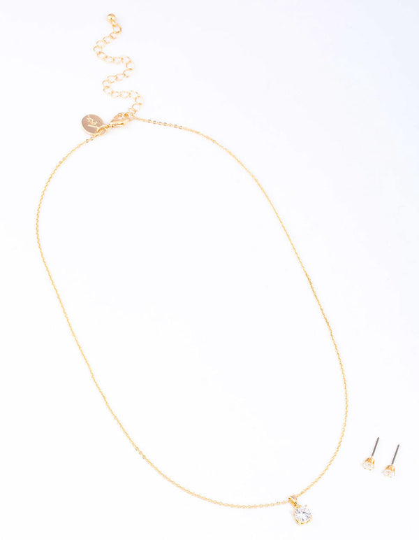 Gold Round Solitaire Necklace & Earring Set