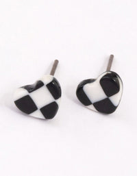 White & Black Check Heart Stud Earrings - link has visual effect only