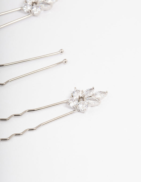 Silver Plated Cubic Zirconia Marquise Leaf Hair Pins Pack