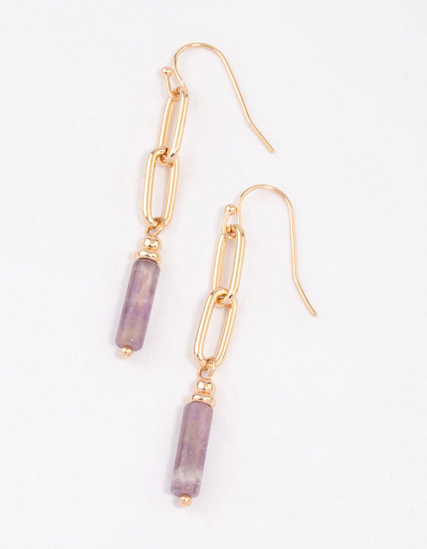 Gold Amethyst Chain Cylinder Stone Earrings