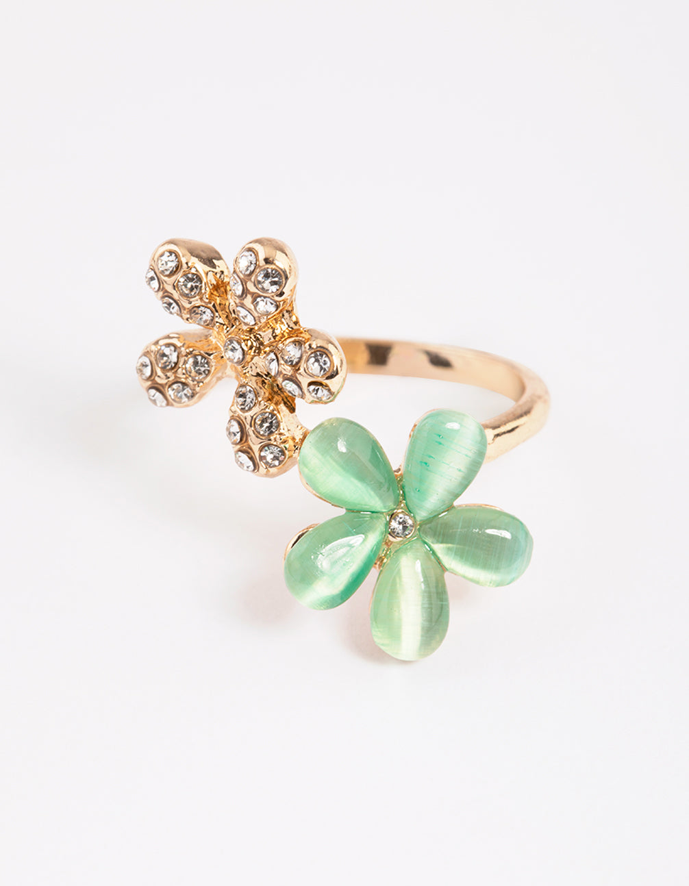 Gold Diamante & Cats Eye Flower Ring