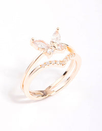 Rose Gold Plated Cubic Zirconia Butterfly Double Band Ring - link has visual effect only