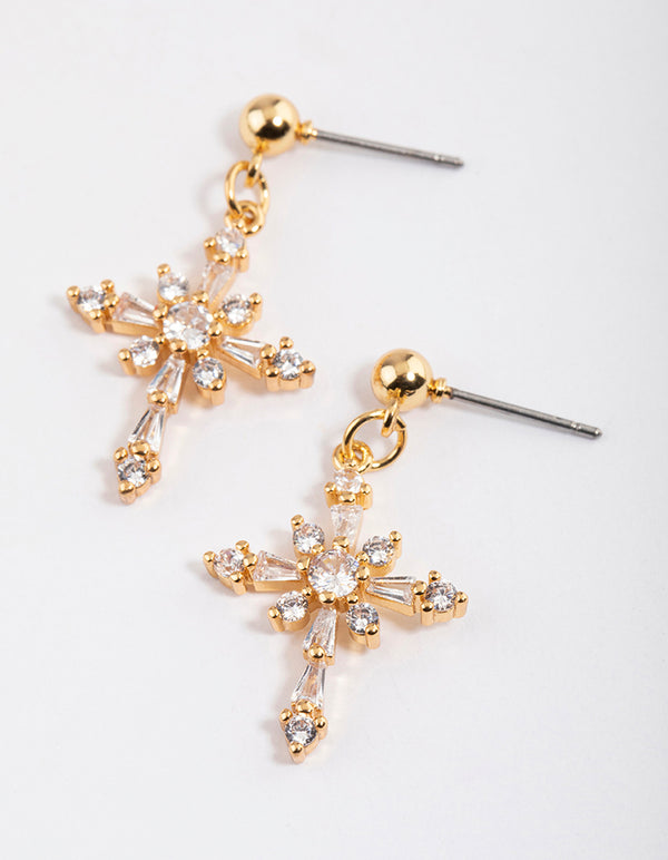 Gold Plated Cubic Zirconia Ornate Cross Drop Earrings