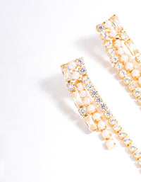 Gold Plated Cubic Zirconia Round & Baguette Pearl Drop Earrings - link has visual effect only
