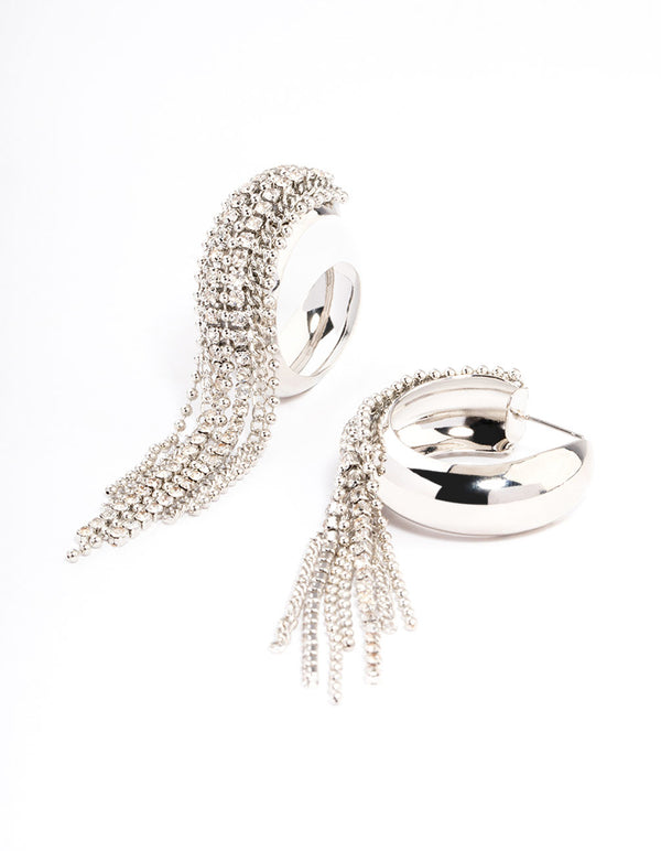 Silver Diamante Statement Tassel Hoop Earrings