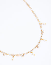 Gold Plated Cup Chain Cubic Zirconia & Freshwater Pearl Drop Necklace - link has visual effect only