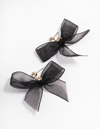 Gold & Black Fabric Diamante Bow Drop Earrings - link has visual effect only