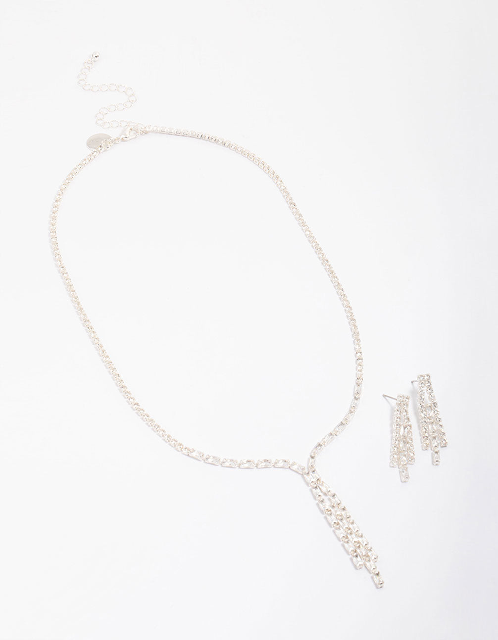 Silver Cubic Zirconia Cup Chain Tassel Earring & Necklace Set