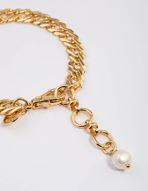 Gold Plated Classic Flat Chain Freshwater Pearl Bracelet