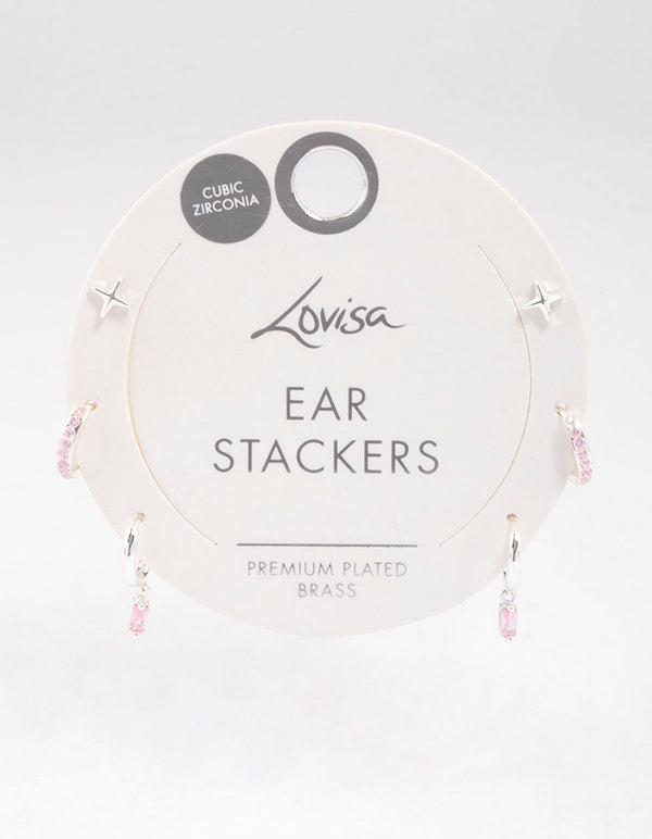 Silver Plated Brass  Barbie Baguette Huggie Earrings 6-Pack