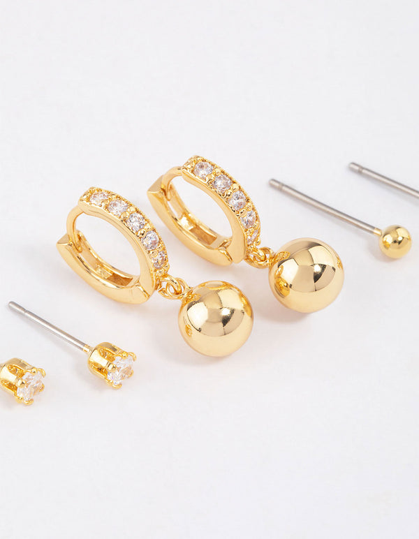 Gold Plated Brass Cubic Zirconia Huggie Ball Earrings 6-Pack