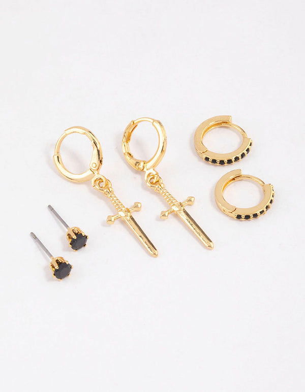 Gold Plated Brass Cubic Zirconia Dagger Huggie Earrings Pack