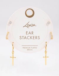 Gold Plated Brass Cubic Zirconia Dagger Huggie Earrings Pack - link has visual effect only