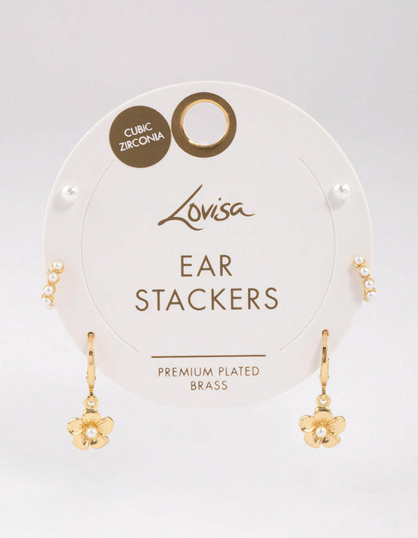 Gold Plated Brass Pearl Drop Flower Earrings 6-Pack