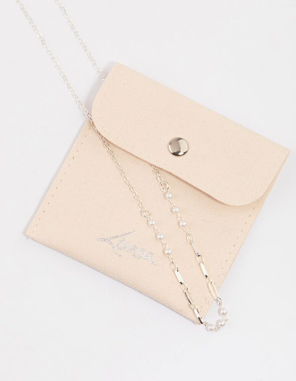 Silver Pearl & Rectangle Link Chain Necklace & Polishing Set