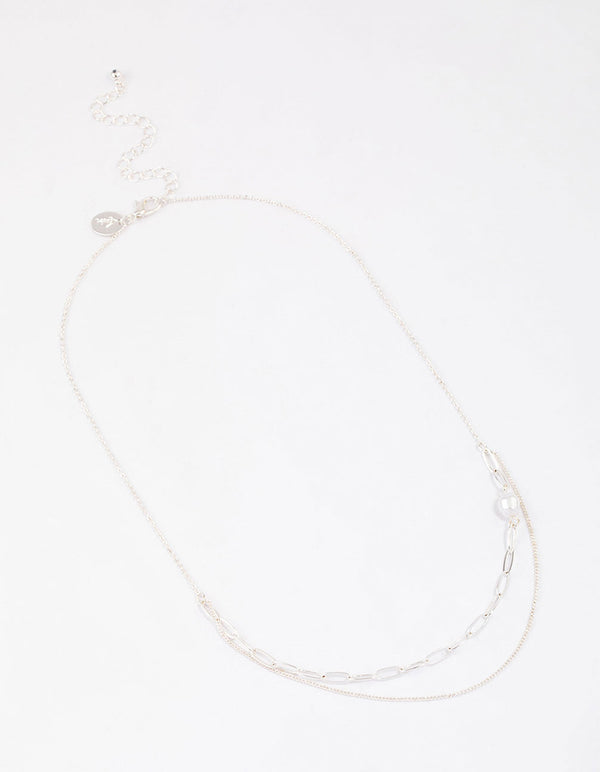 Silver Double Row Pearl Chain Necklace & Polishing Set